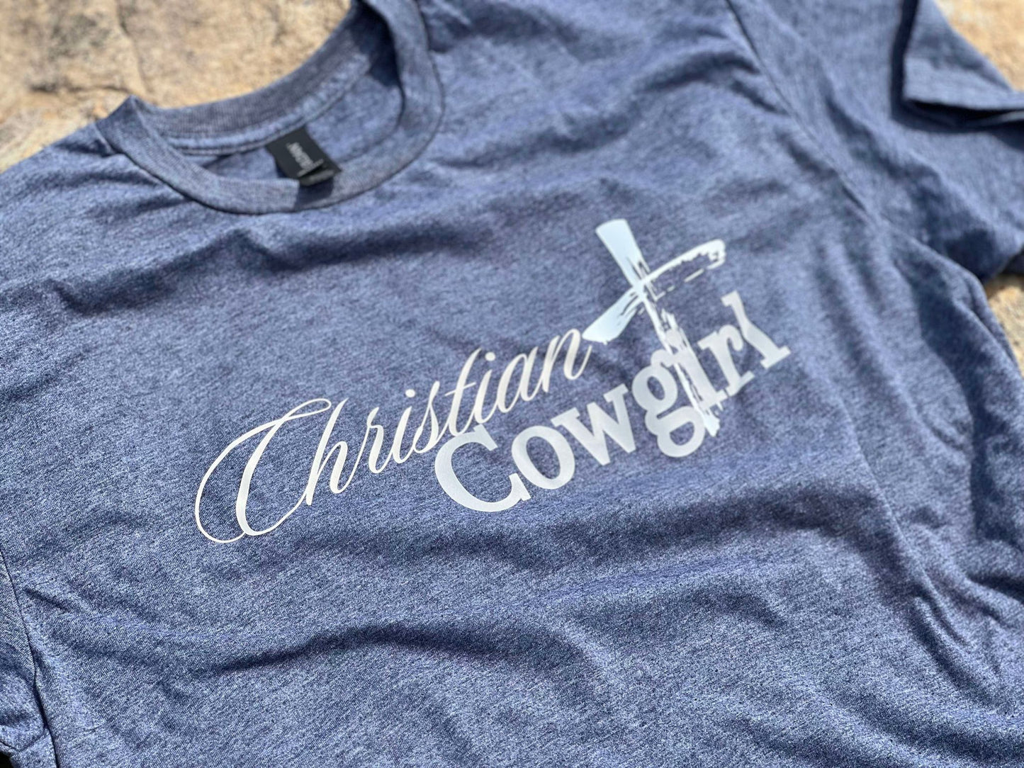 Christian Cowgirl: Heather Navy with White Cross