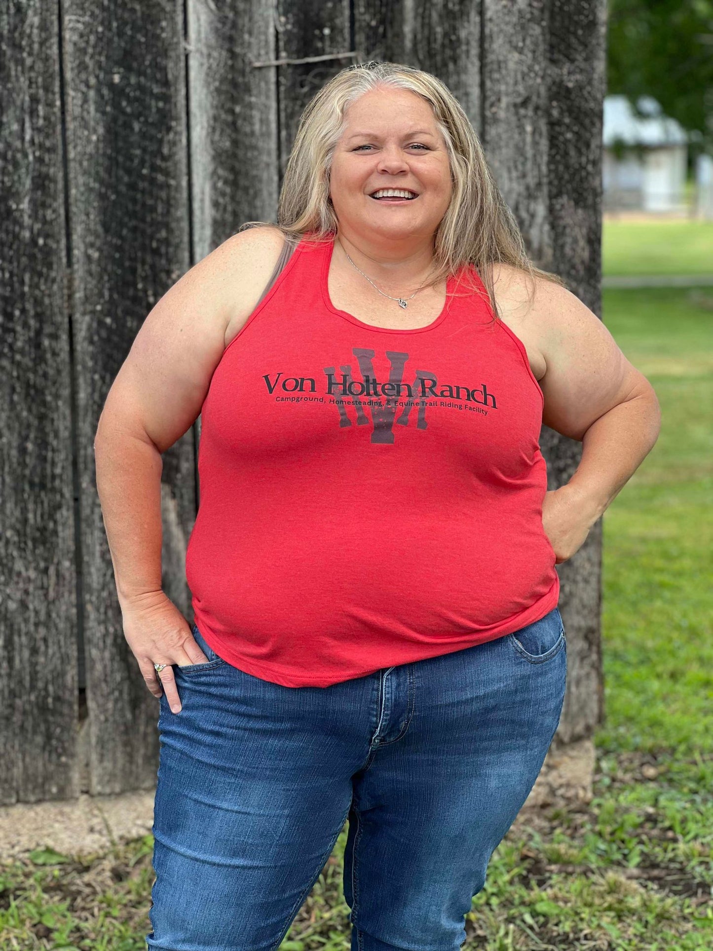 Von Holten Ranch Racerback Tank Top on Red Mist