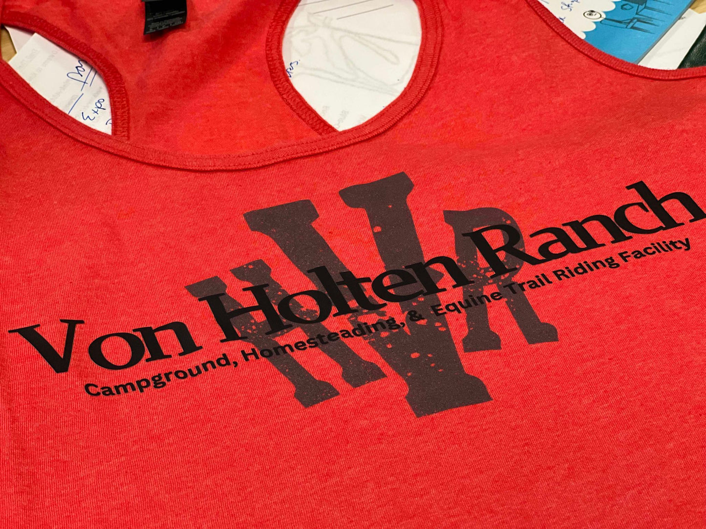 Von Holten Ranch Racerback Tank Top on Red Mist