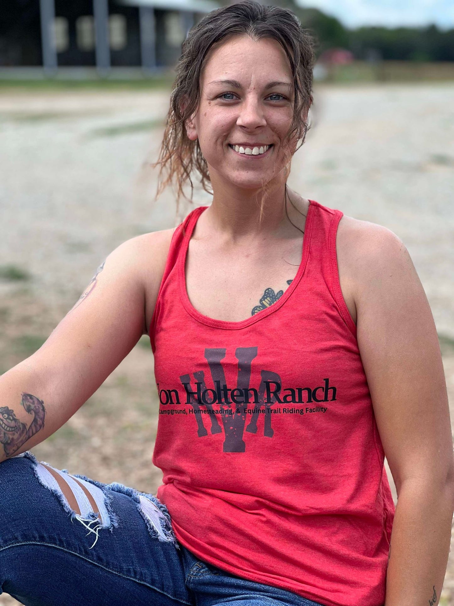 Von Holten Ranch Racerback Tank Top on Red Mist