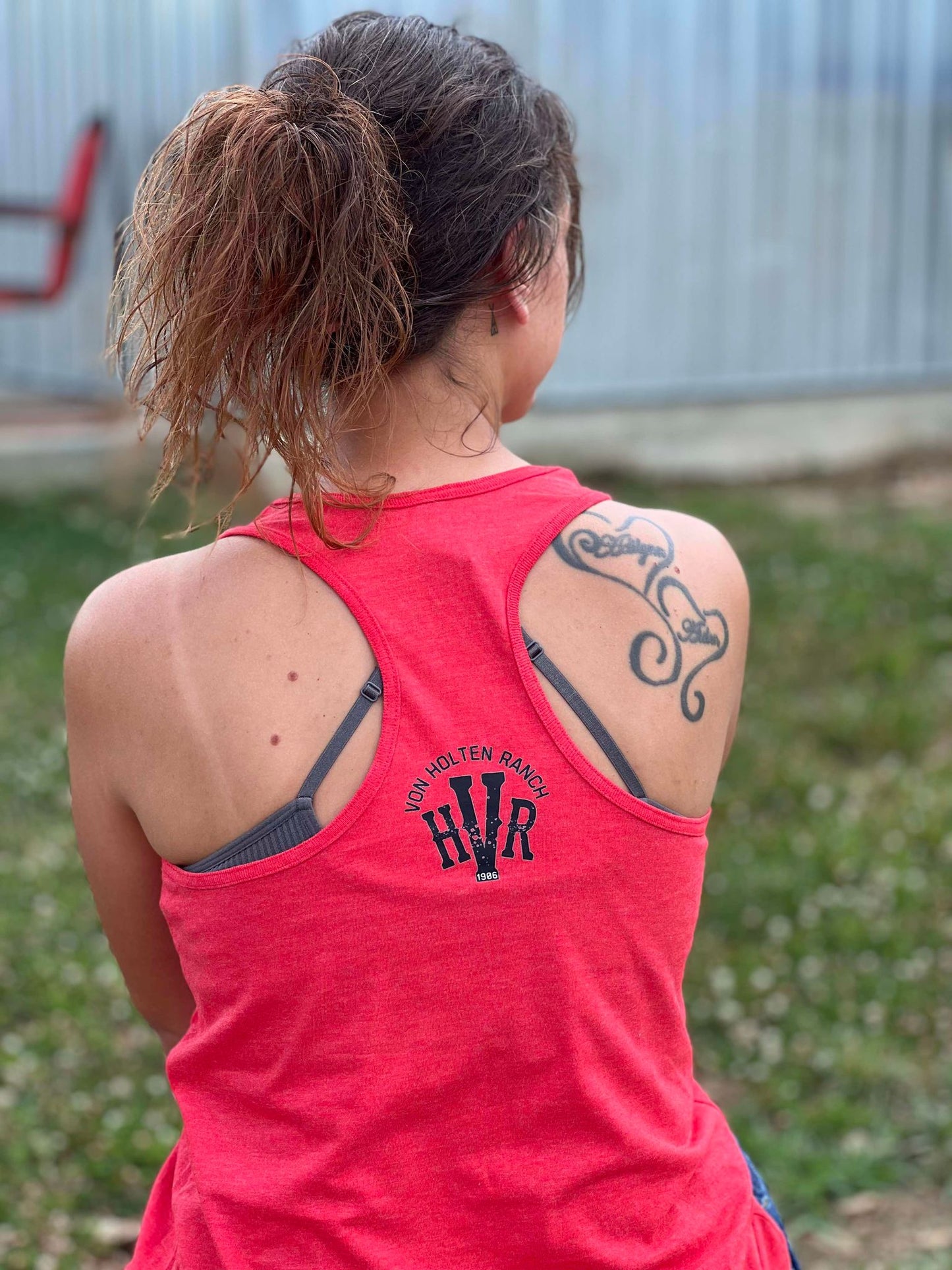 Von Holten Ranch Racerback Tank Top on Red Mist